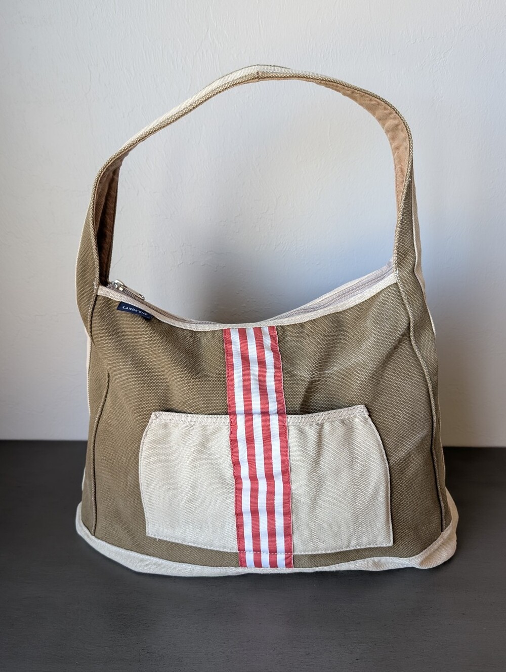 Y2K Lands’ End Canvas Hobo Shoulder Bag Tan Red White Stripe Cotton 2008 Durable